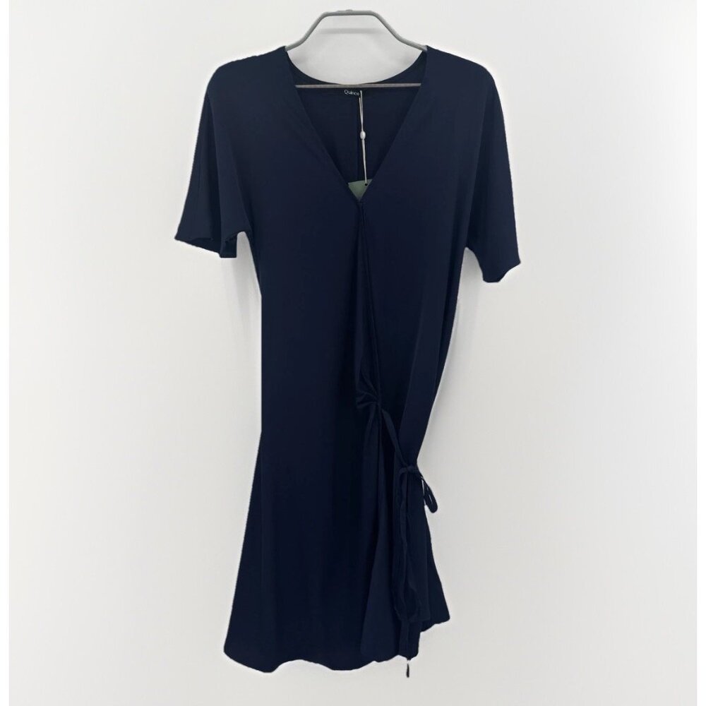 Quince Stretch Silk Wrap Dress size L Women's in Navy Blue Short Sleeve Mini